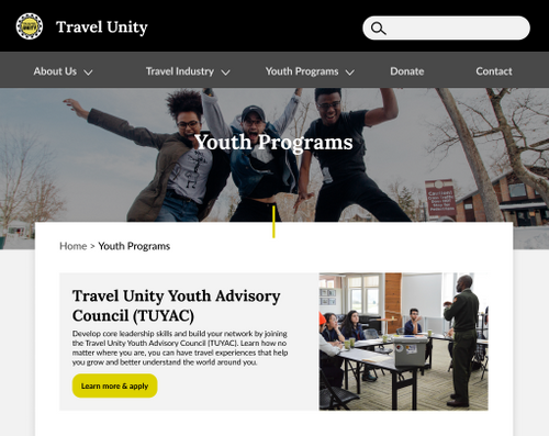 An 'after' image of Travel Unity's Youth Programs page with headings and buttons.