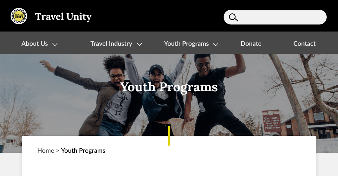 An 'after' image of Travel Unity's Youth Programs page with a different header image from the Contact page.