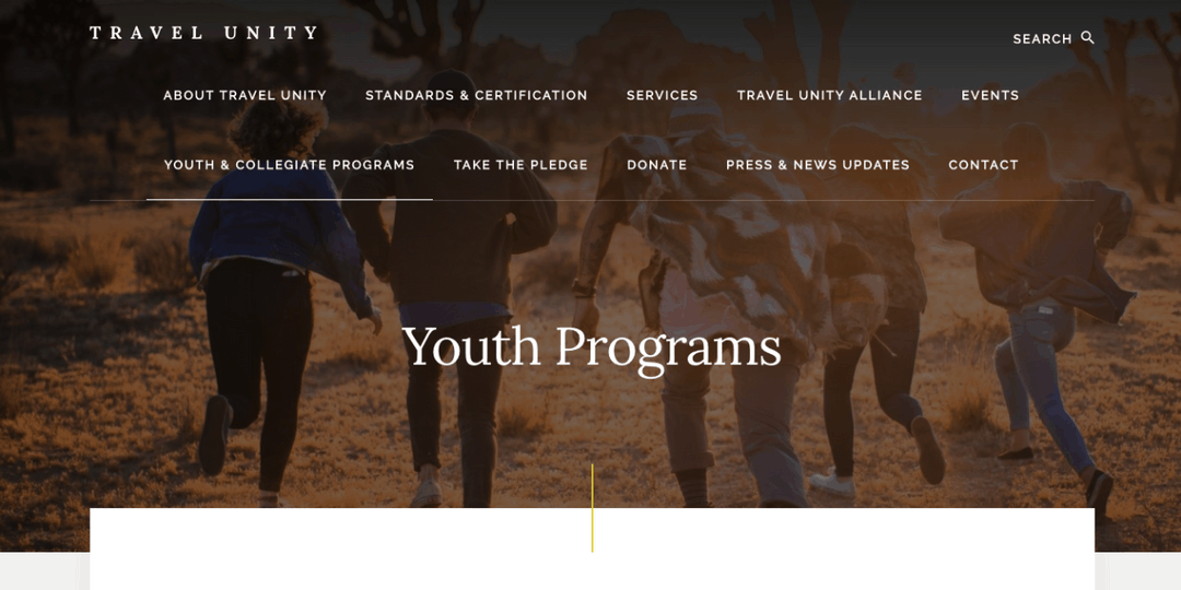 A 'before' image of Travel Unity's Youth Programs page with the same header image as the Contact page.
